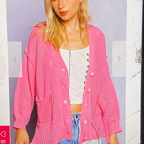 POL Barbie Pink cardigan with placket balloon sleeves and pockets - Picture 5 of 17
